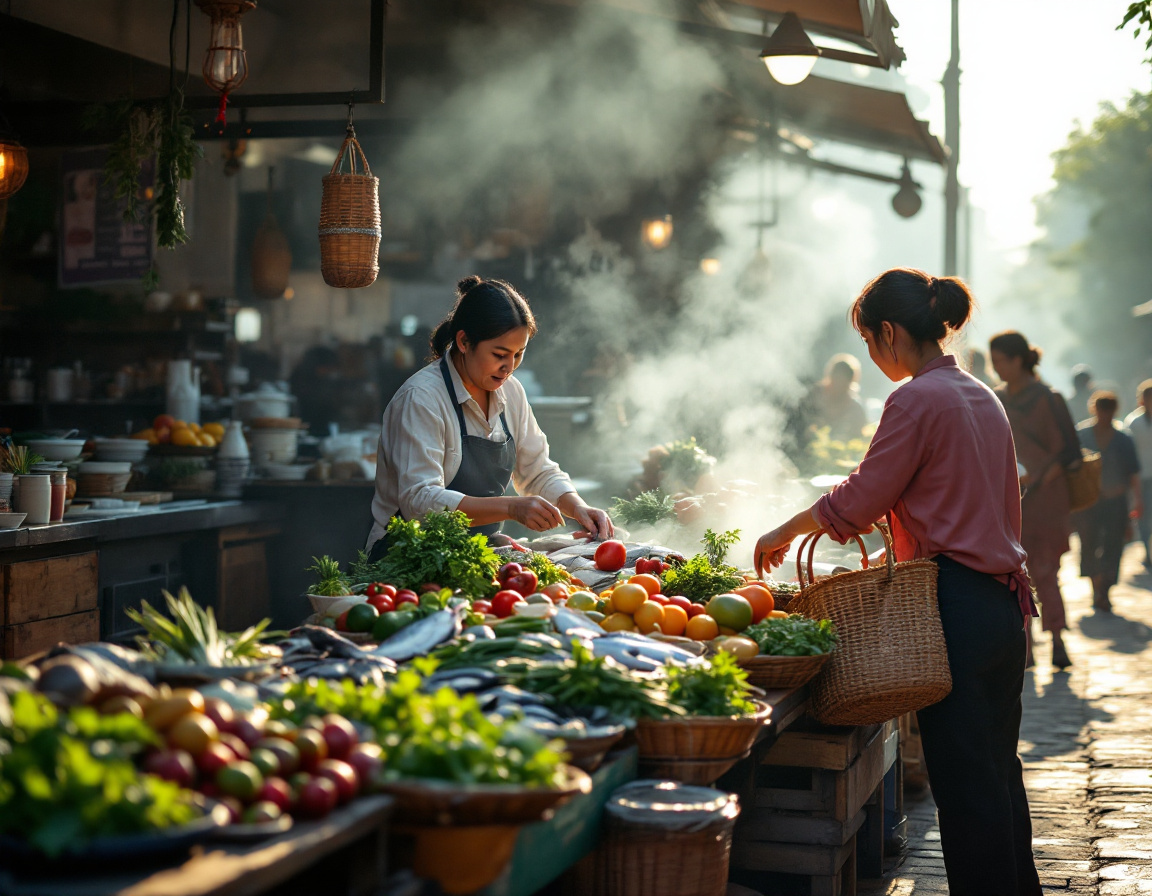 Early morning food market with fresh produce stalls and a cooked-breakfast counter