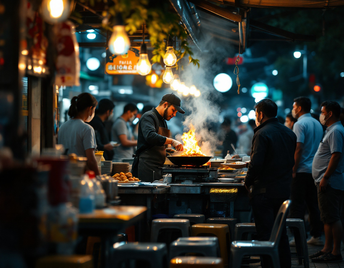 A single-dish street food stall at dusk with a cook at the wok and a queue of locals