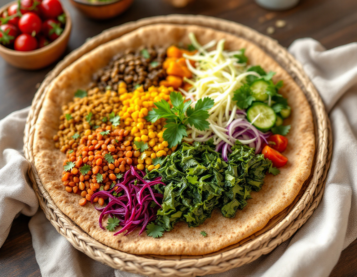 A colorful Ethiopian beyaynetu vegan fasting platter with lentils, greens and shiro on injera