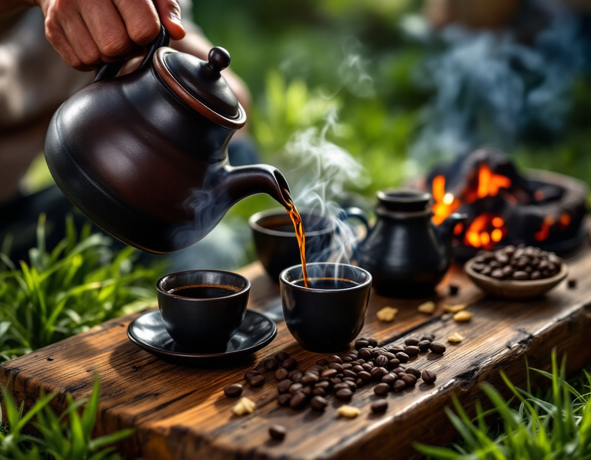 Ethiopian coffee ceremony with beans roasting and coffee brewing in a clay jebena pot