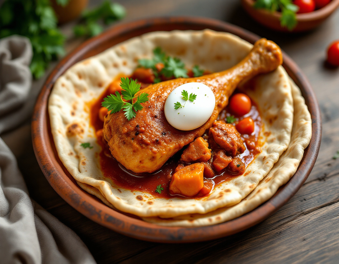 A platter of Ethiopian doro wat chicken stew with egg over injera flatbread