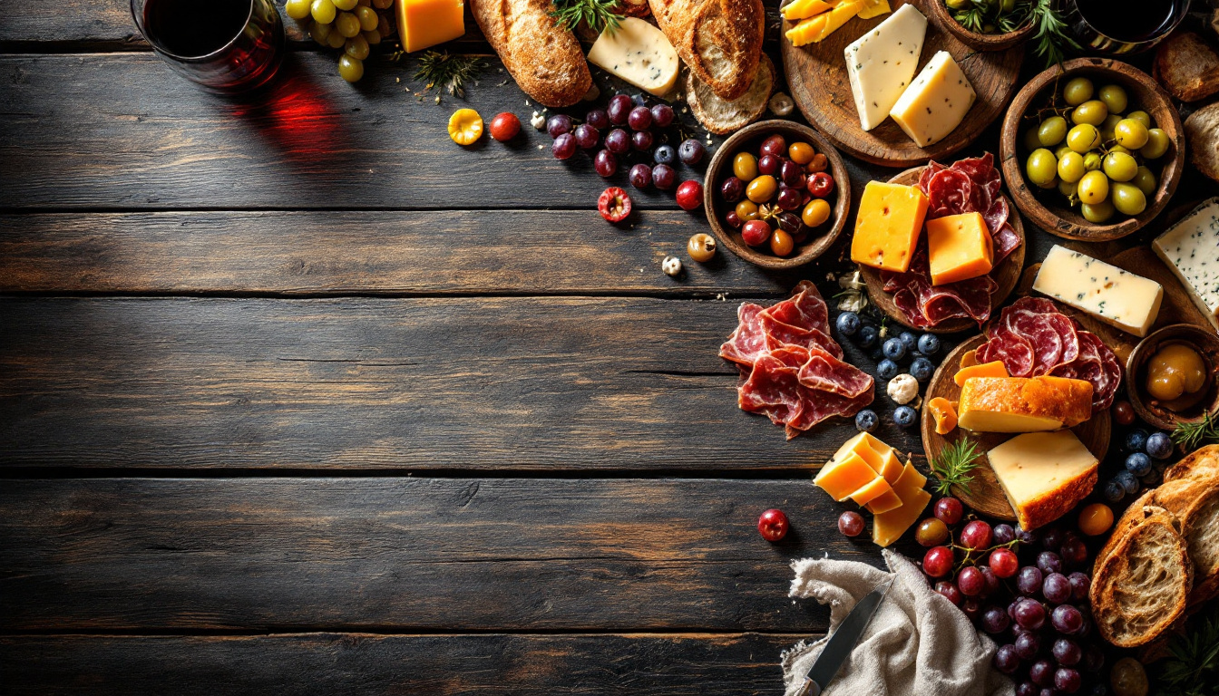 European food spread with charcuterie, cheeses, bread, olives and wine on a rustic market table