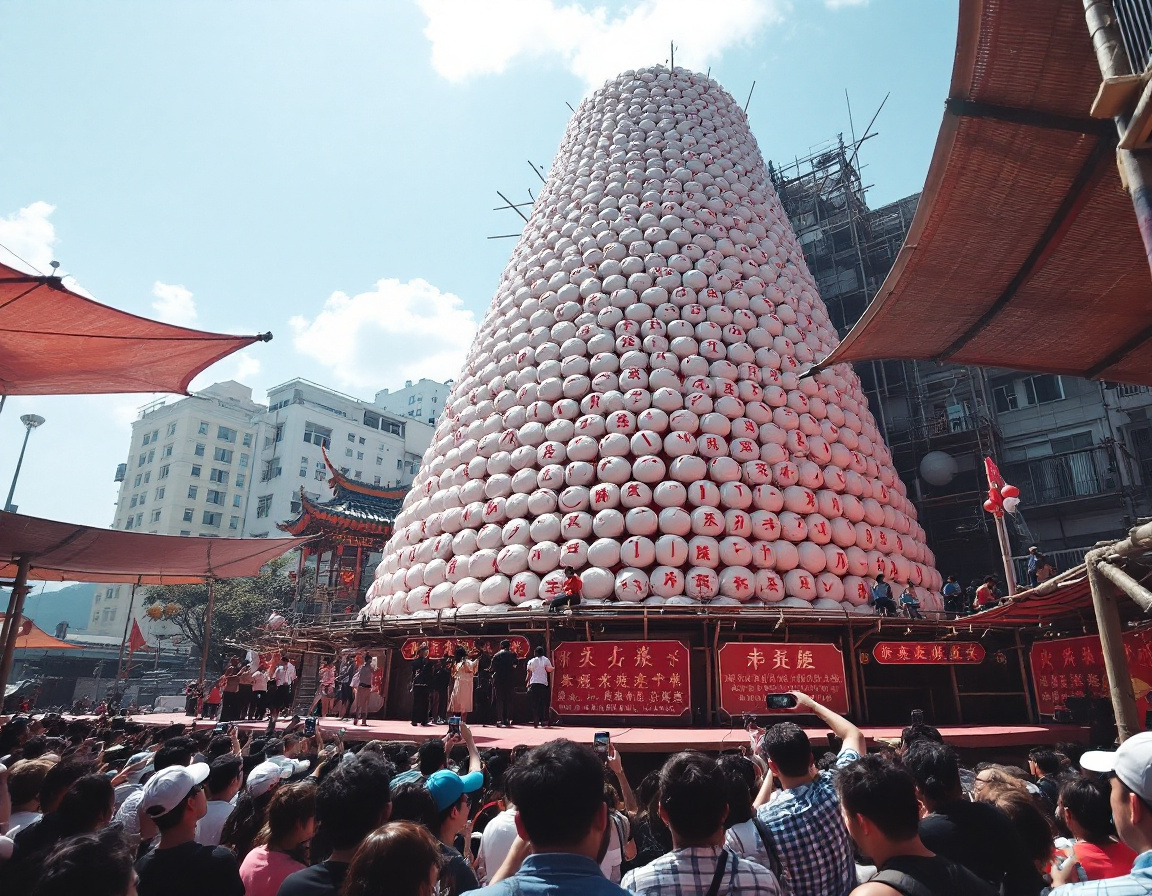 A giant tower of lucky white buns at the Cheung Chau Bun Festival in Hong Kong