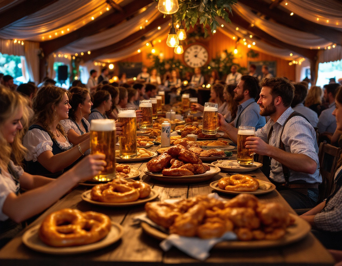 Steins of beer and soft pretzels on a packed Oktoberfest beer tent table in Munich