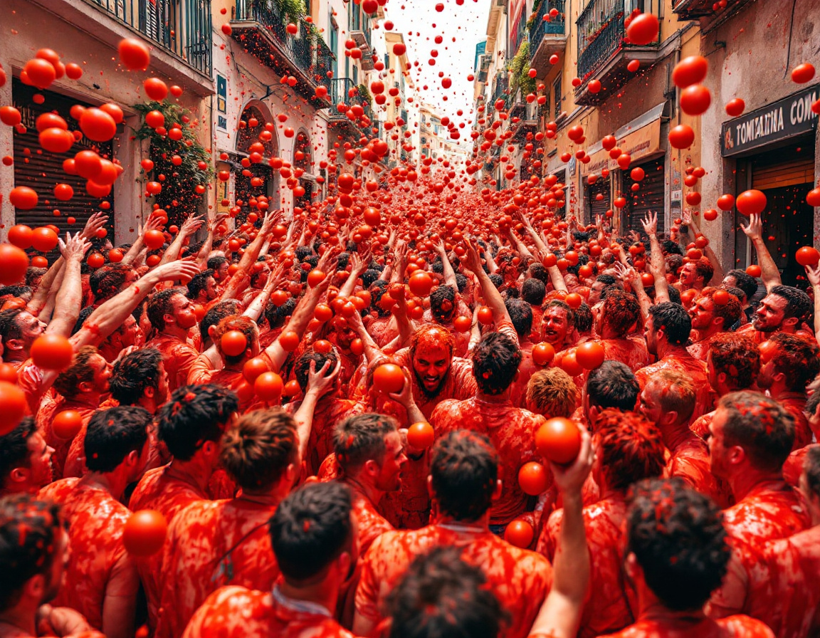 Crowds throwing tomatoes through a packed street at La Tomatina in Spain