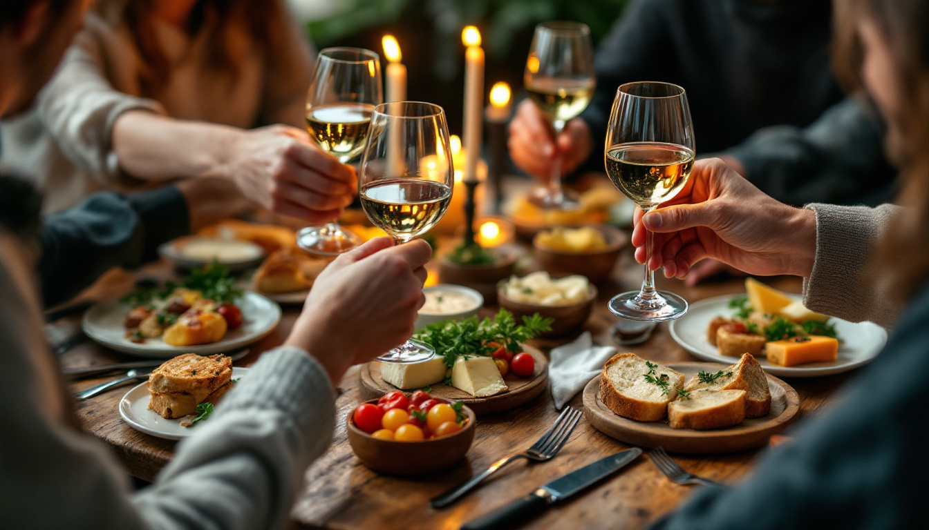 Friends raising glasses in a toast over a shared candlelit dinner table with bread and small plates