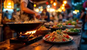 Food safety tips for travelers: a busy night market street food stall cooking to order