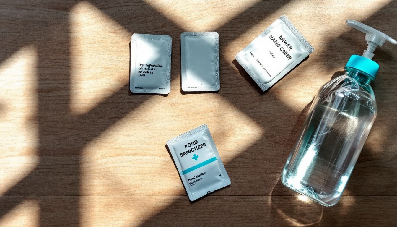 Travel health kit with oral rehydration salts, medication, hand sanitizer and bottled water