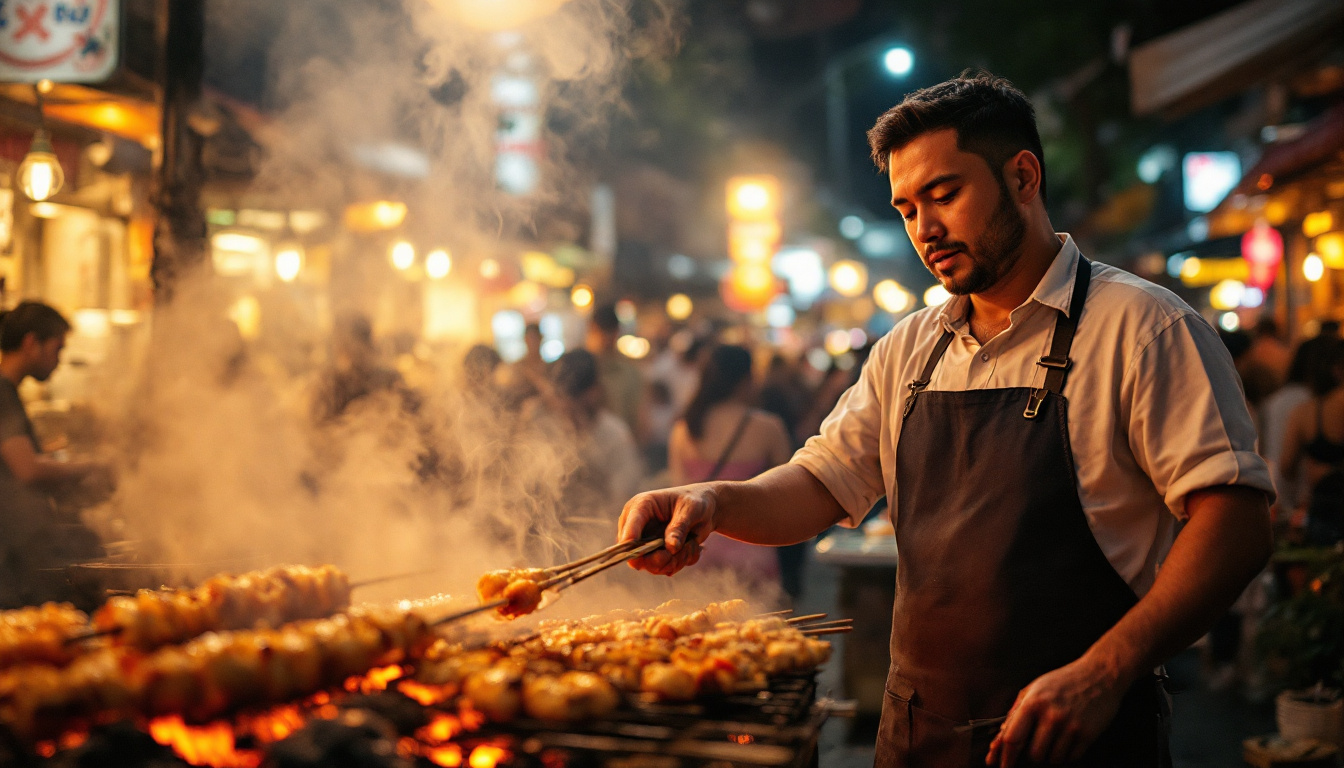 Busy night market street food stall cooking to order, the safest kind of food safety choice for travelers
