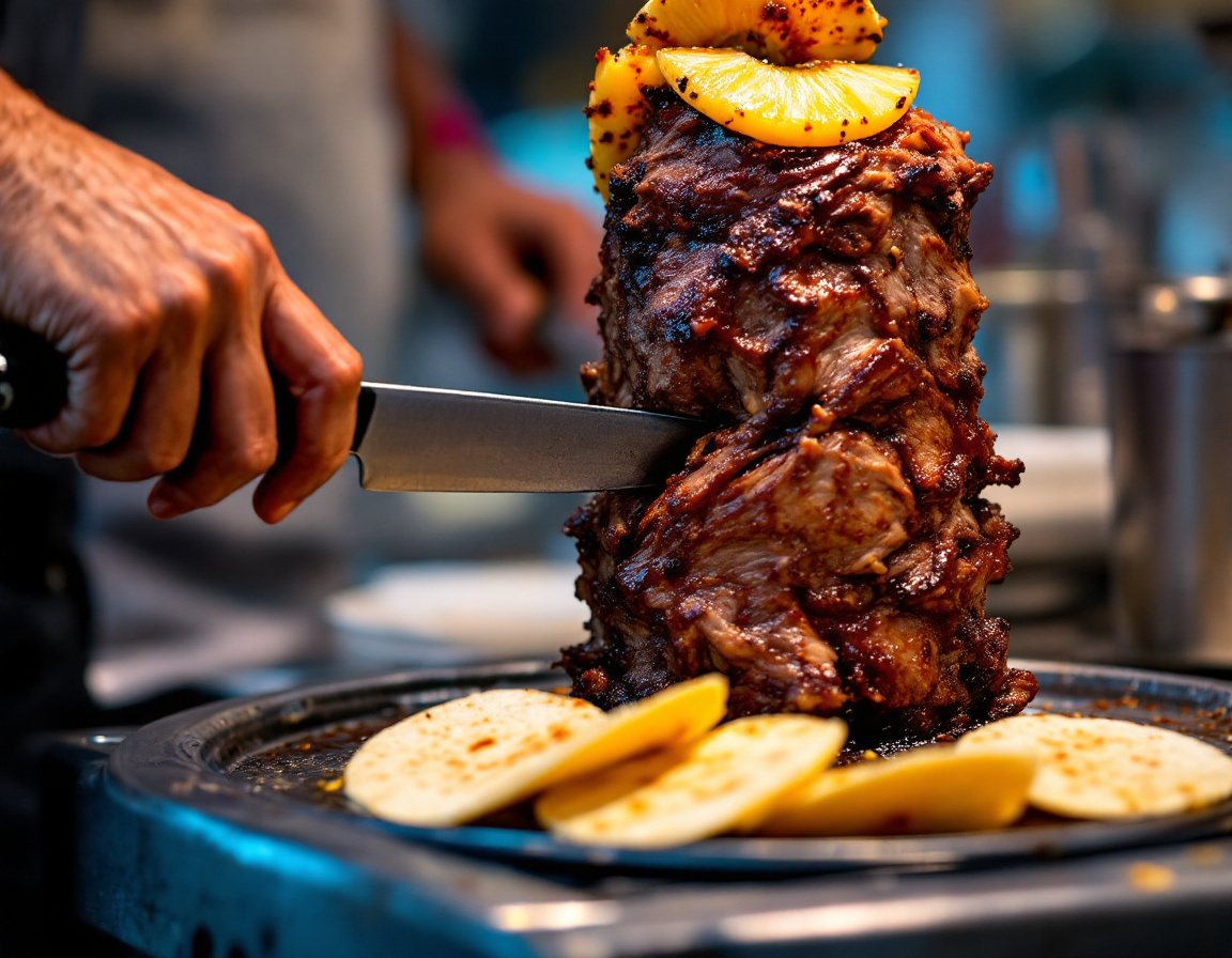 Tacos al pastor being shaved off a spinning trompo at a Mexico City street stall