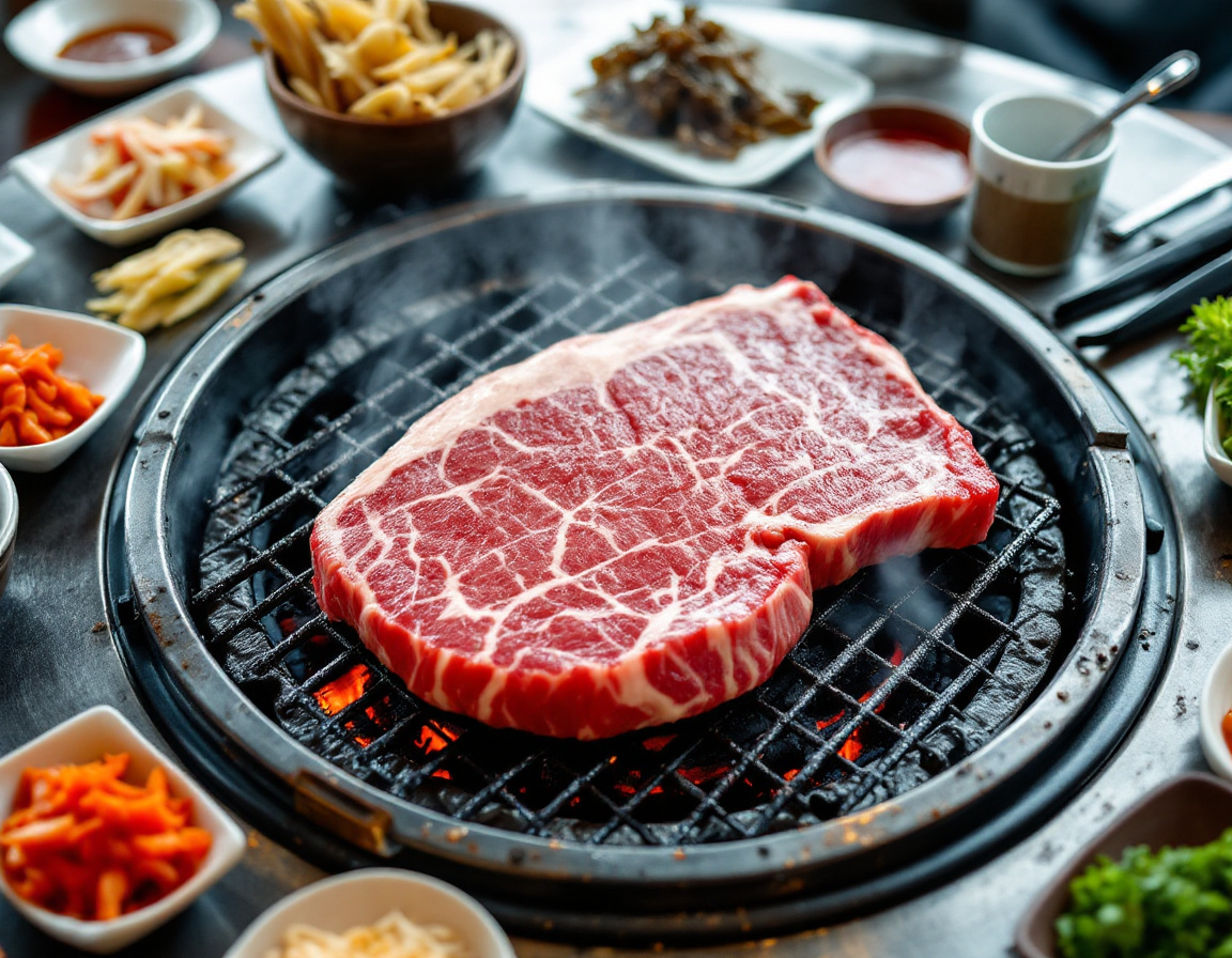 Korean barbecue grilling at a Seoul table surrounded by small banchan side dishes