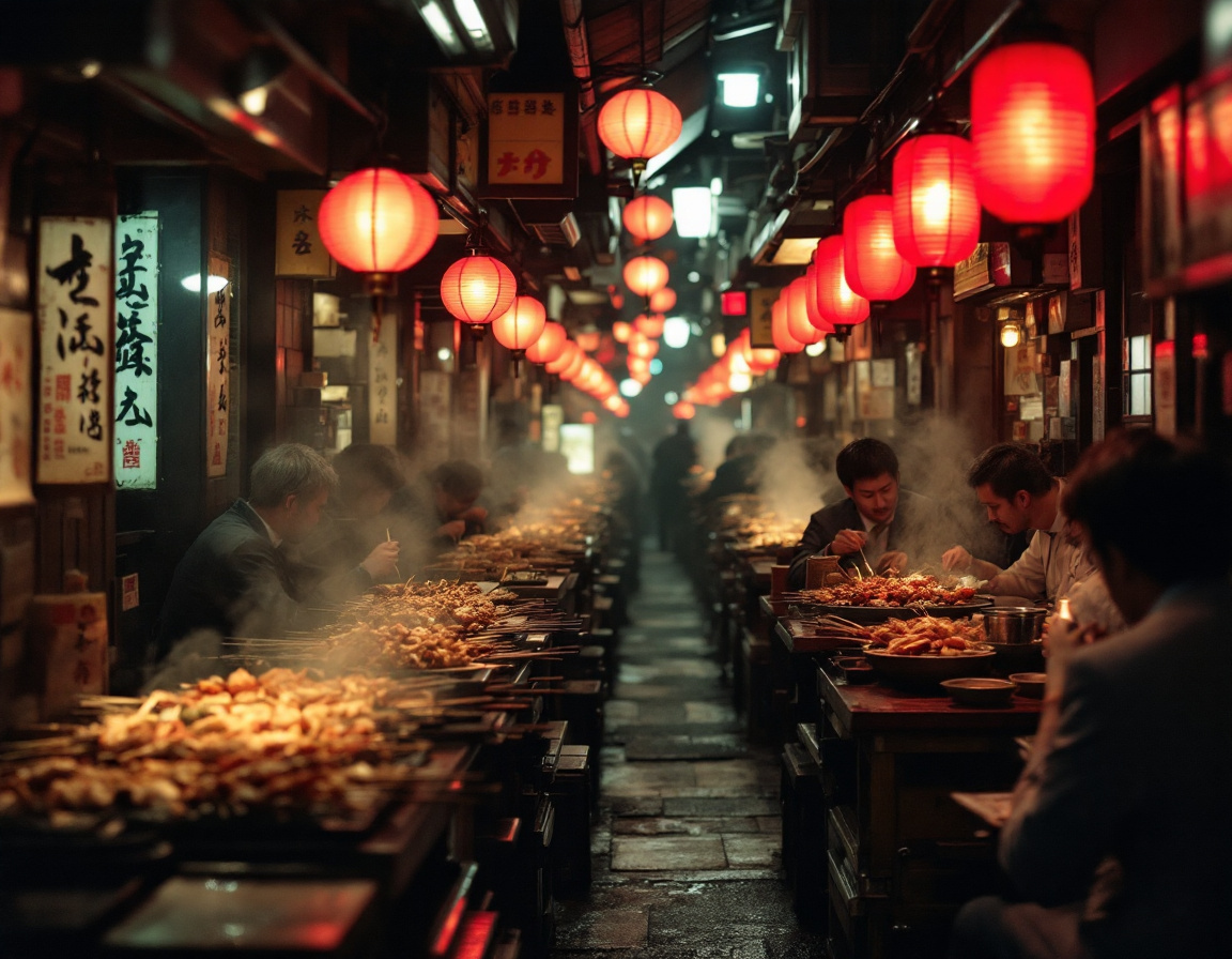 A narrow Tokyo izakaya alley at night lined with lanterns and tiny counters