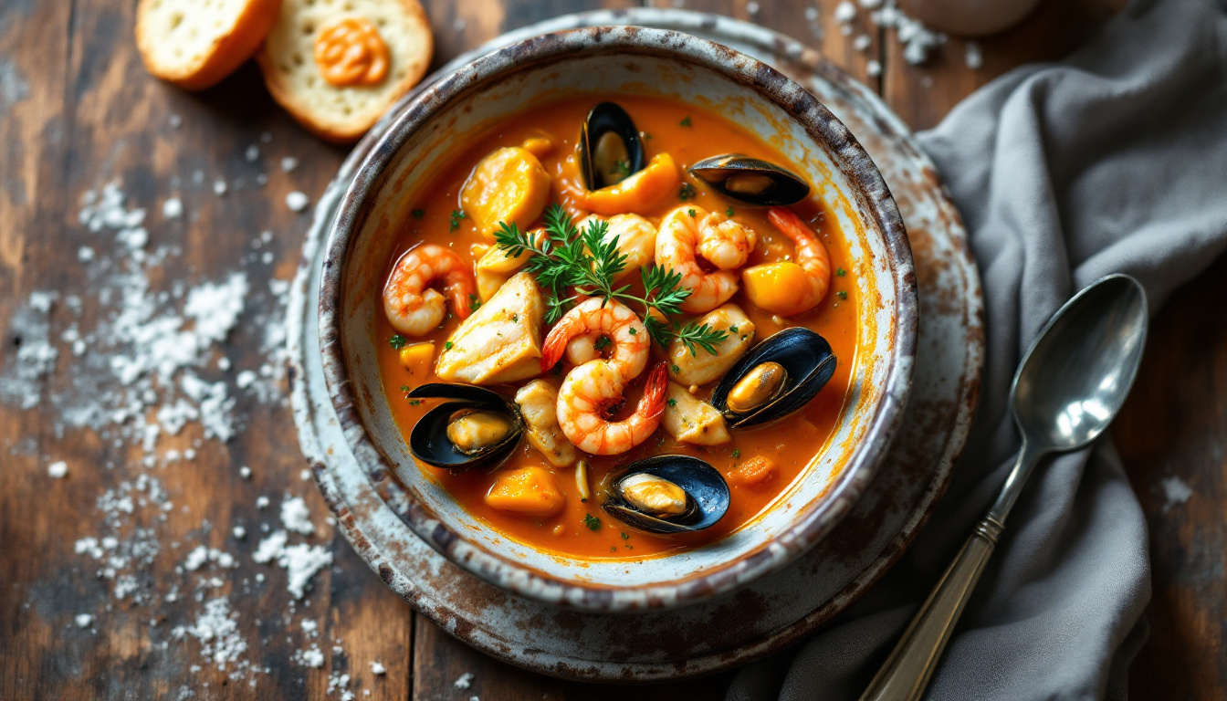 Provencal bouillabaisse Marseille fish stew with saffron broth, mussels and rouille croutons