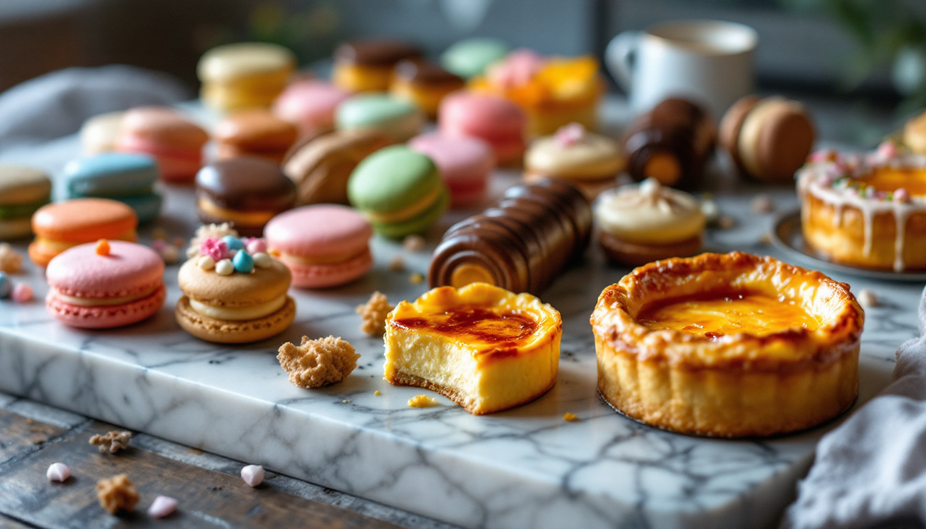 French patisserie spread with colorful macarons, eclairs, tarte tatin and creme brulee