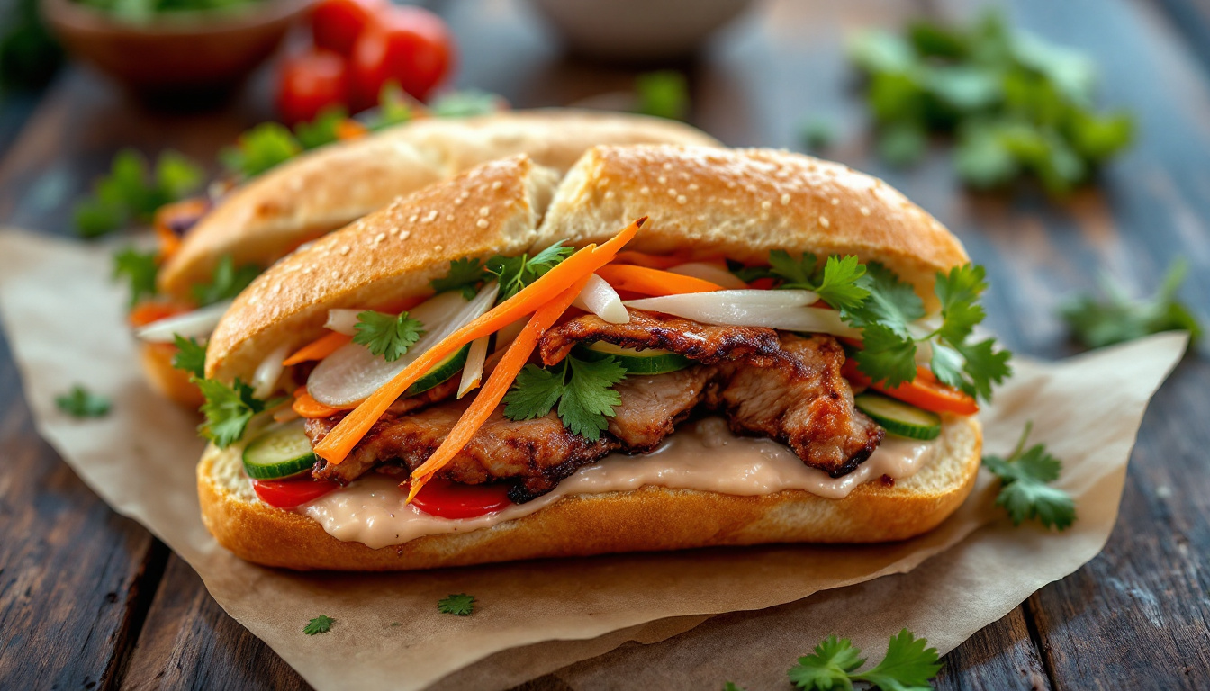 Vietnamese banh mi baguette with pork, pate and pickled vegetables in Hanoi