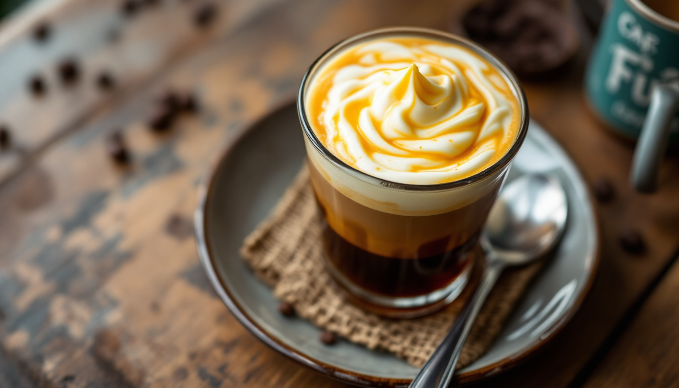 Vietnamese egg coffee with whipped egg-yolk cream over dark coffee in Hanoi
