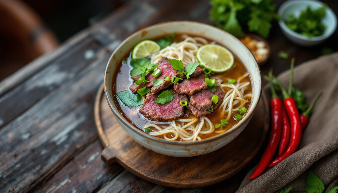 Pho bo Vietnamese beef noodle soup with herbs and lime at a Hanoi Old Quarter stall