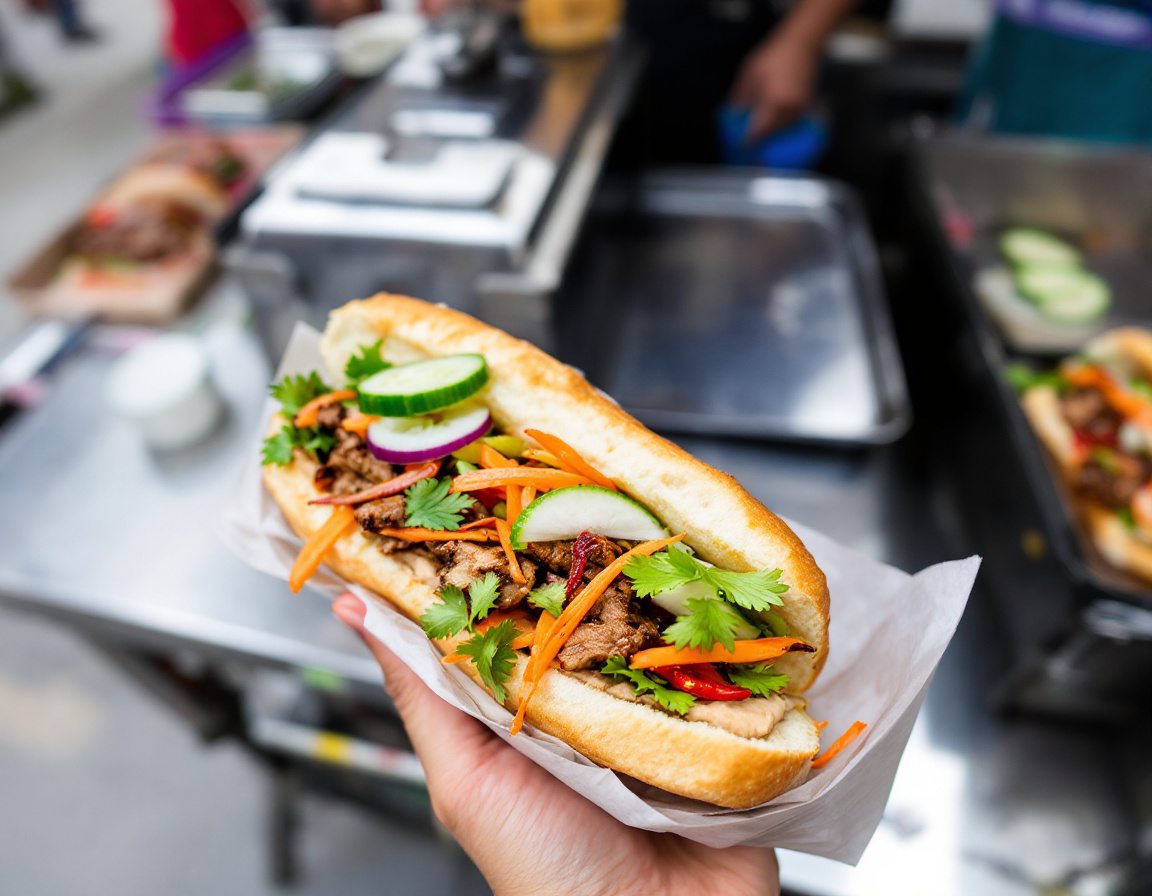A Saigon banh mi sandwich filled with pork, pate, pickles and herbs