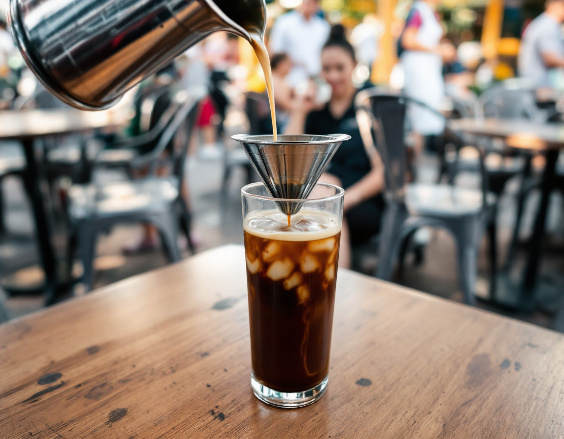 A glass of Vietnamese ca phe sua da iced coffee dripping through a phin filter