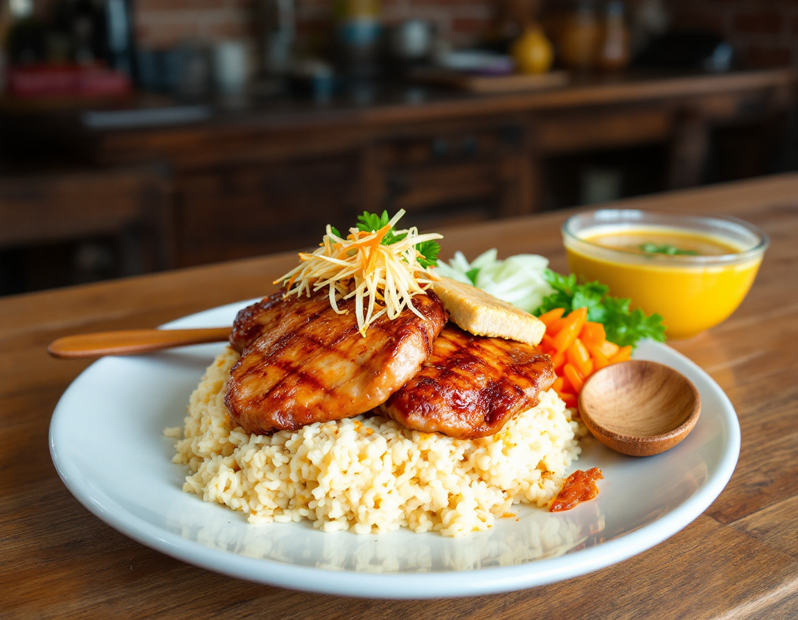 A plate of Saigon com tam broken rice with a grilled pork chop and egg meatloaf