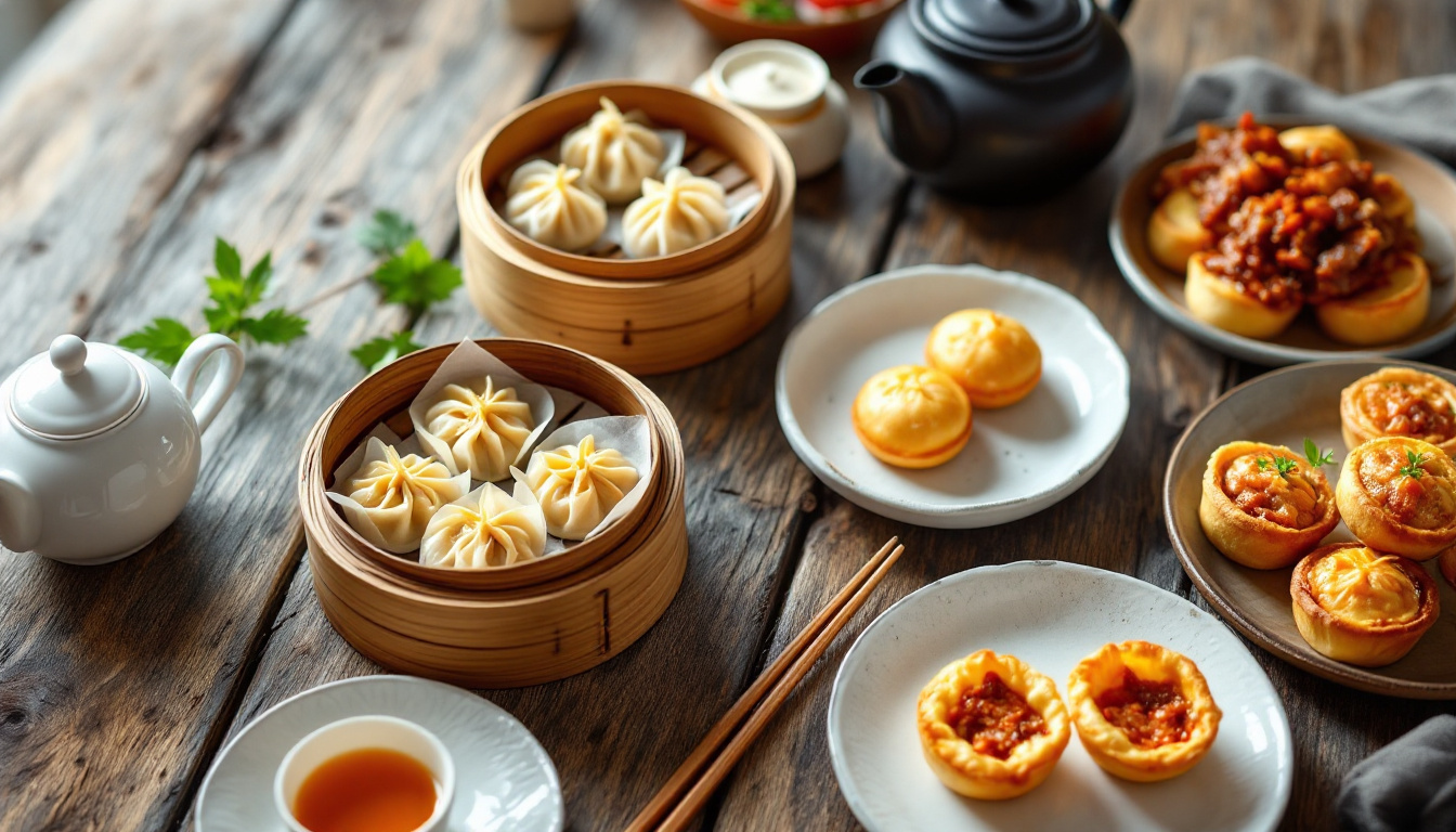 Hong Kong dim sum bamboo steamers of har gow, siu mai and char siu bao at yum cha
