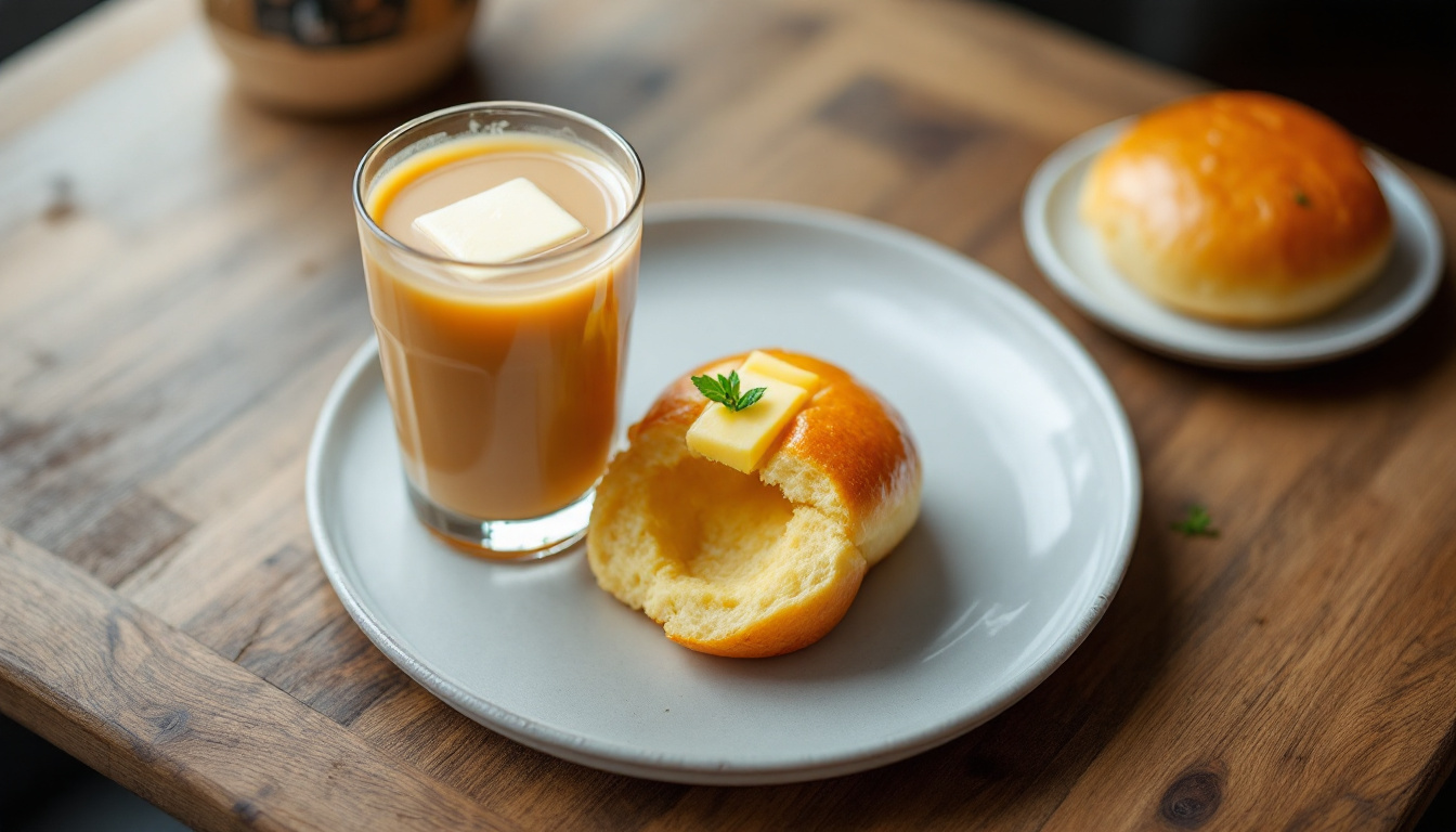 Hong Kong milk tea with a pineapple bun and butter at a cha chaan teng