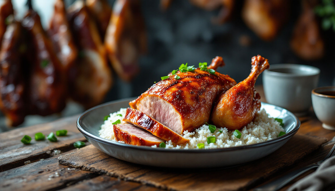 Cantonese roast goose with crispy lacquered skin chopped over rice in Hong Kong