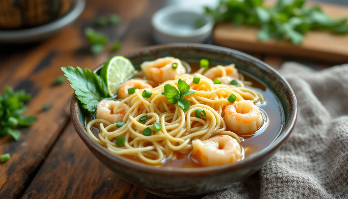 Hong Kong wonton noodle soup with shrimp wontons and thin egg noodles
