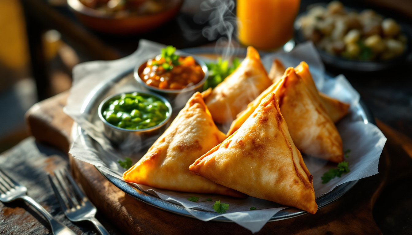 Indian samosa crisp triangular pastry with spiced potato filling and mint and tamarind chutney