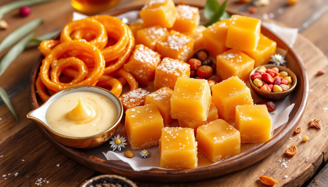 Indian sweets platter with jalebi, gulab jamun, barfi and kheer rice pudding