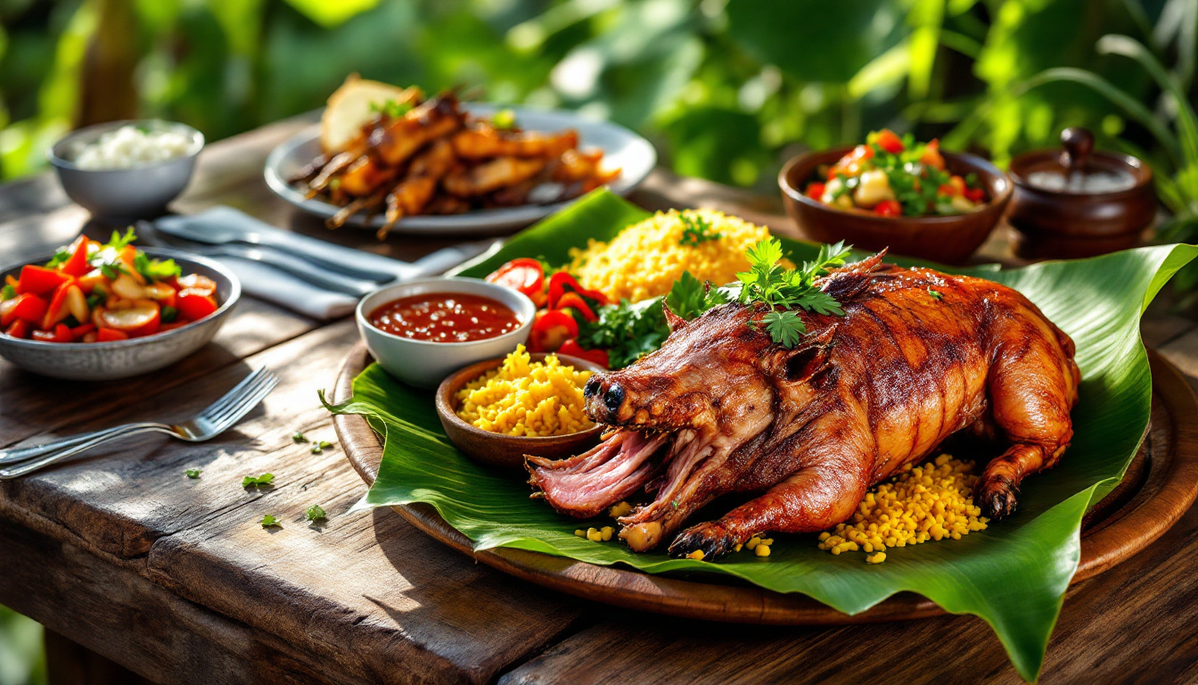 Balinese babi guling roast suckling pig on banana leaf with yellow rice and sambal
