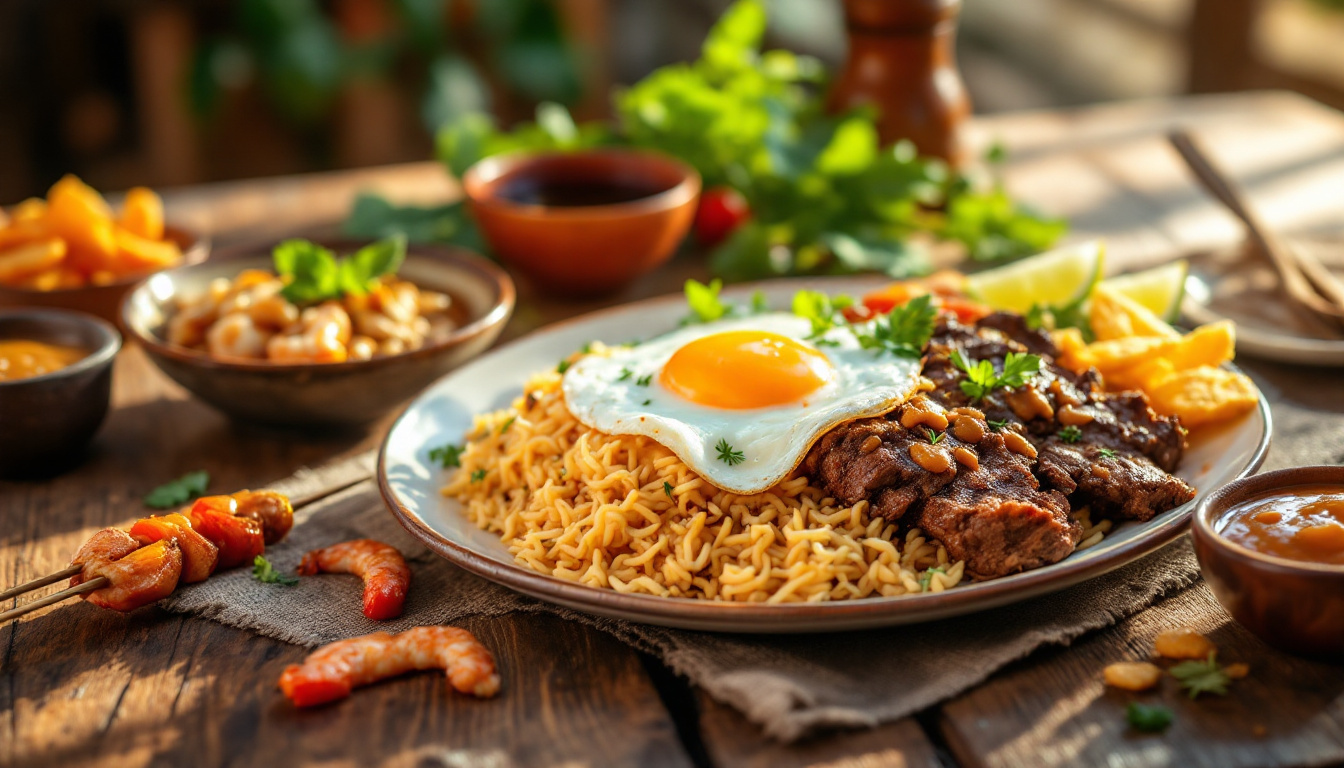 Indonesian spread of nasi goreng with a fried egg, beef rendang and chicken satay