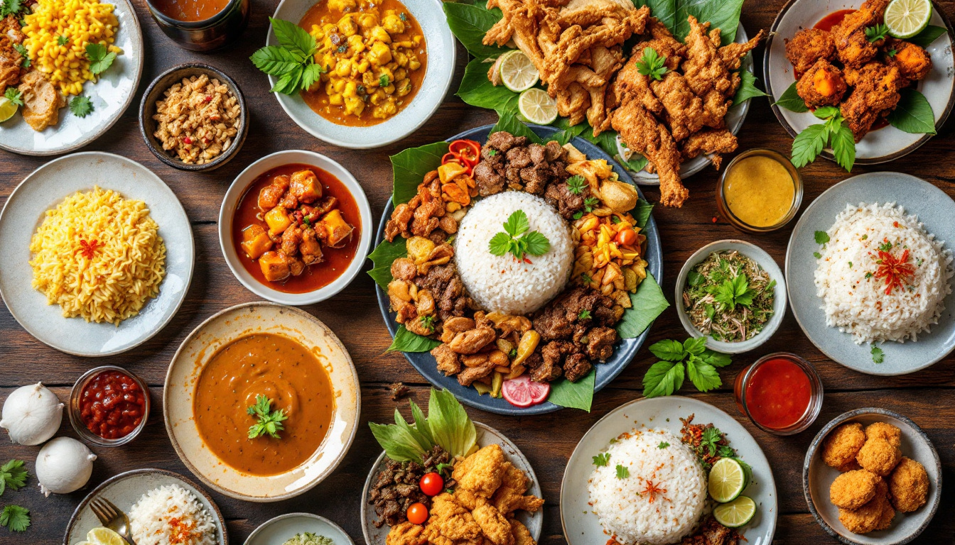 A dramatic Nasi Padang spread of many small plates of curries, rendang and rice