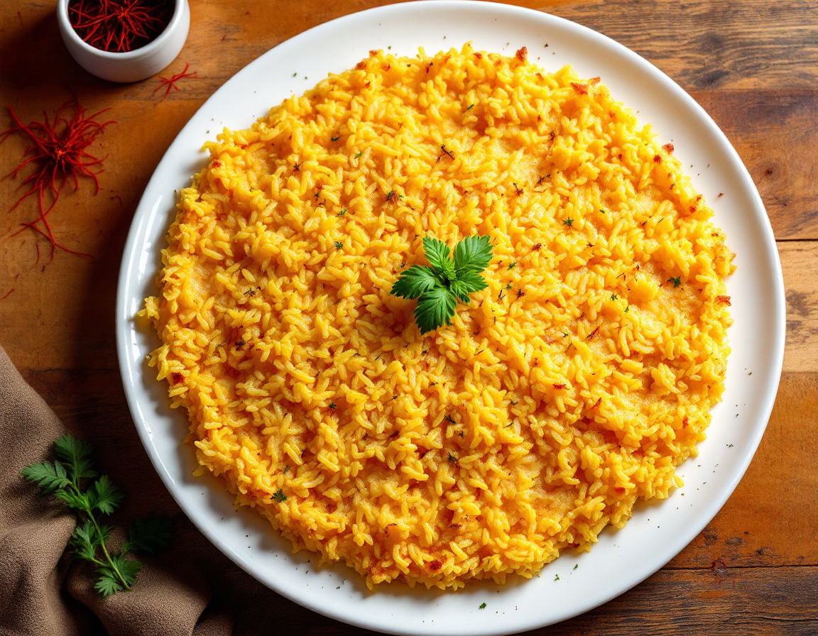 Tahdig, the crispy golden Persian rice crust flipped onto a plate
