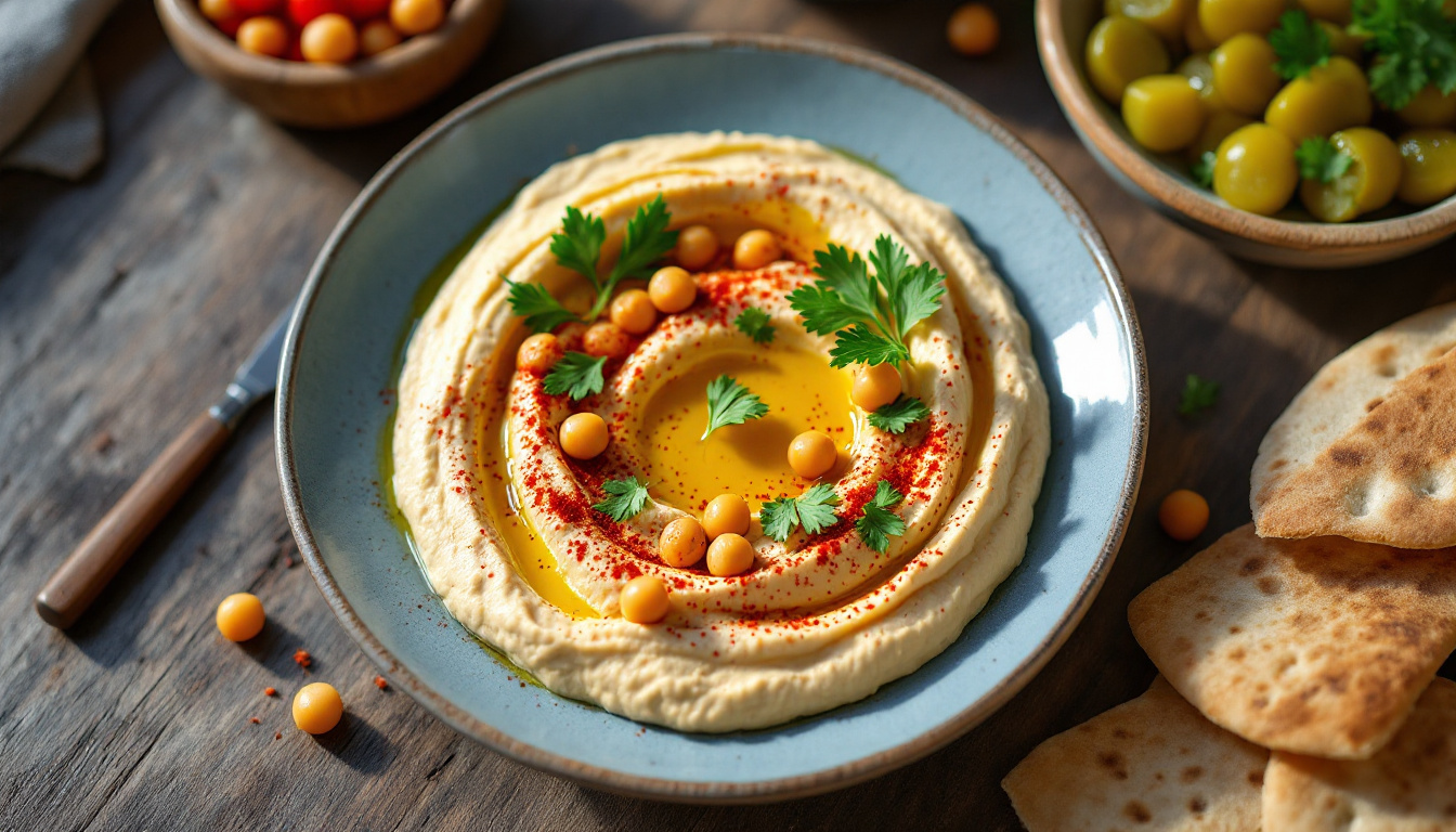 Israeli hummus plate with whole chickpeas, olive oil, paprika and warm pita