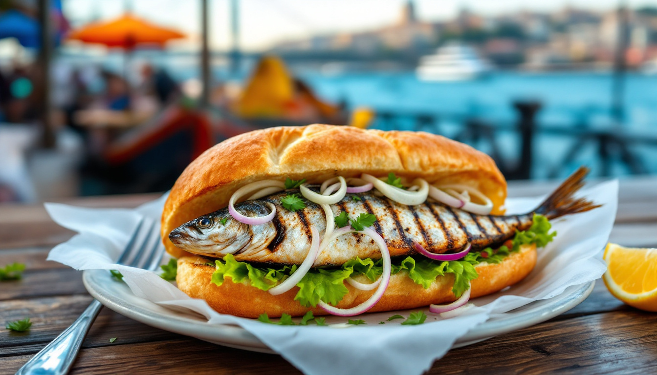 Balik ekmek Turkish grilled fish sandwich served by the Bosphorus at Eminonu in Istanbul