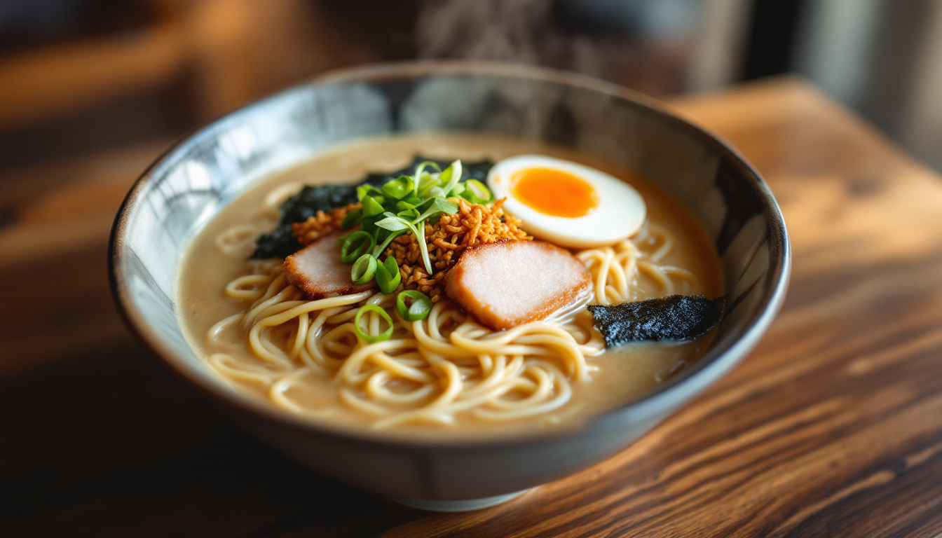 Tonkotsu ramen with chashu pork, ajitama egg, nori and scallions in a Fukuoka ramen bowl