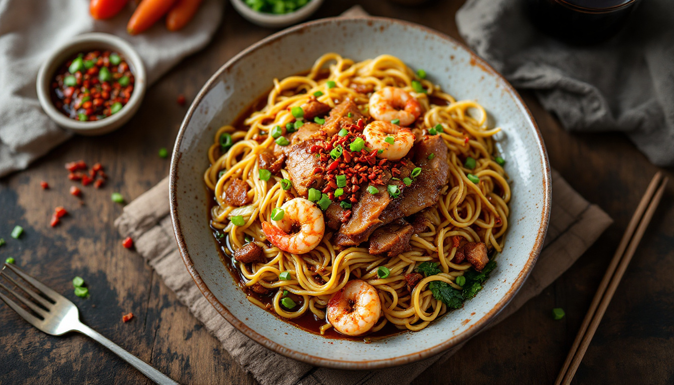KL-style Hokkien mee thick noodles braised in dark soy with prawns and pork lard