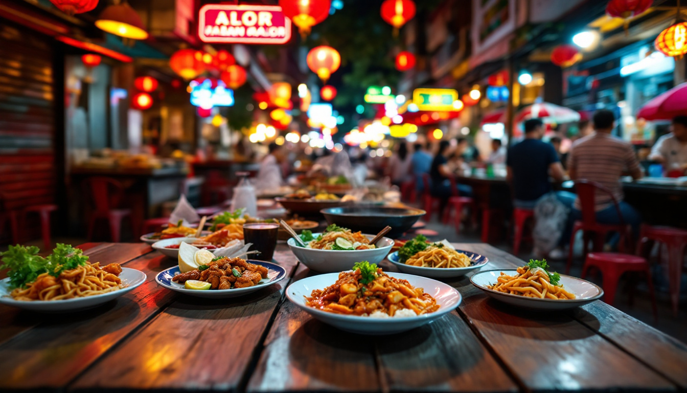 Jalan Alor night food street in Kuala Lumpur with hawker stalls, satay grills and neon lights