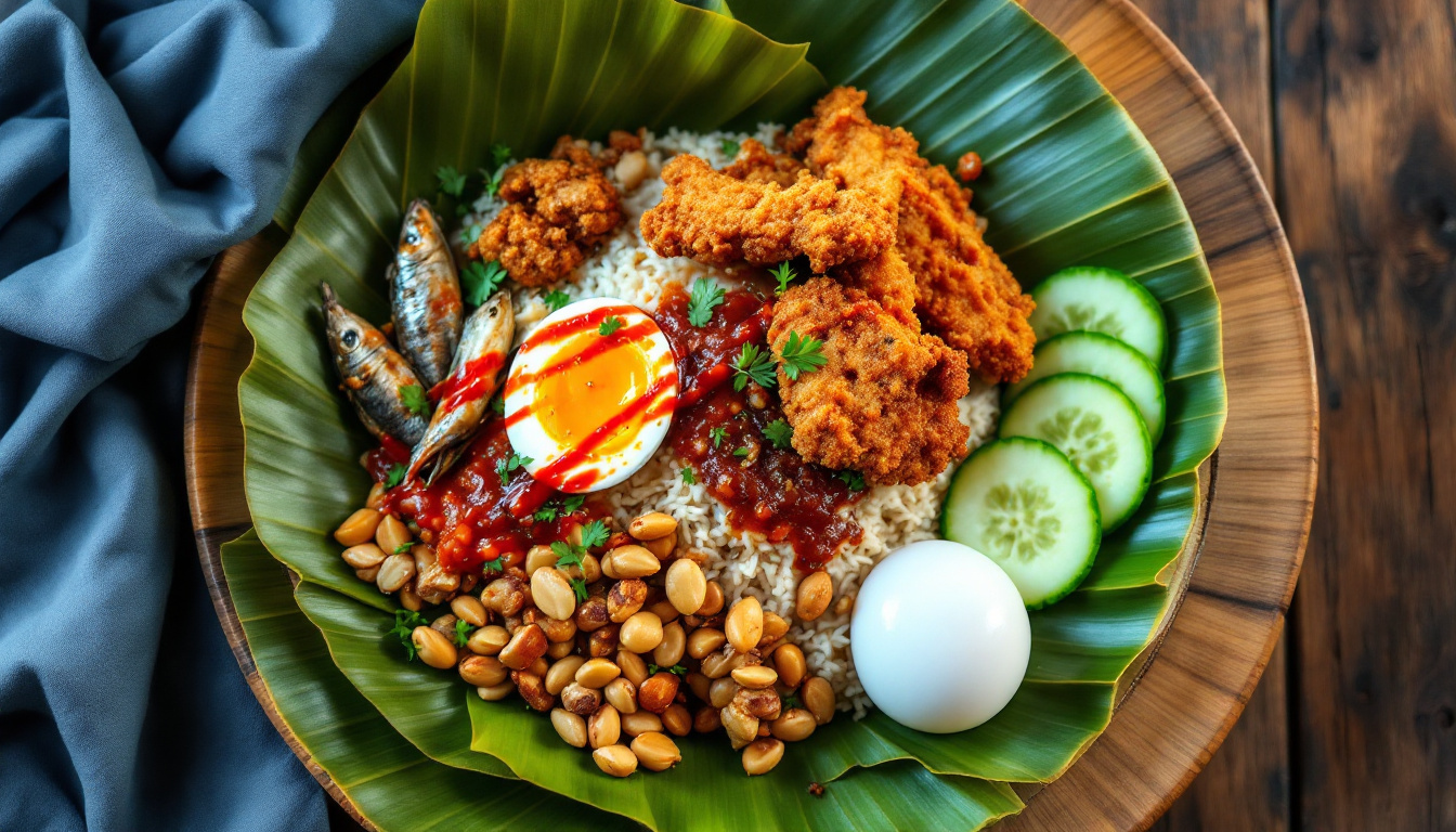 Malaysian nasi lemak with coconut rice, sambal, anchovies and fried chicken on banana leaf