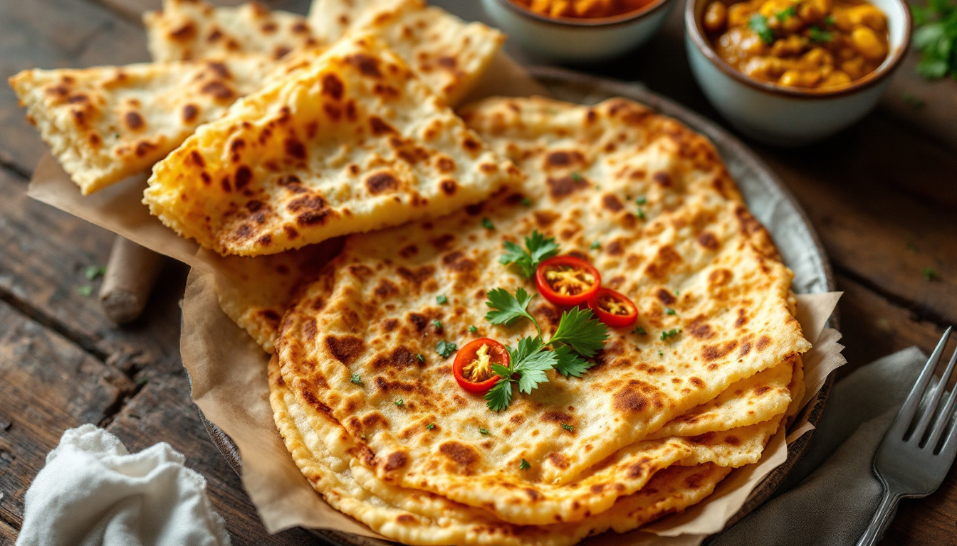 Malaysian roti canai flaky flatbread with dhal and curry at a mamak stall