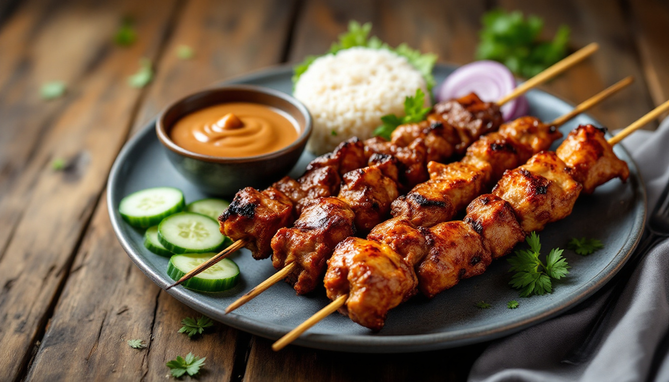Malaysian satay skewers with peanut sauce and ketupat over a charcoal grill
