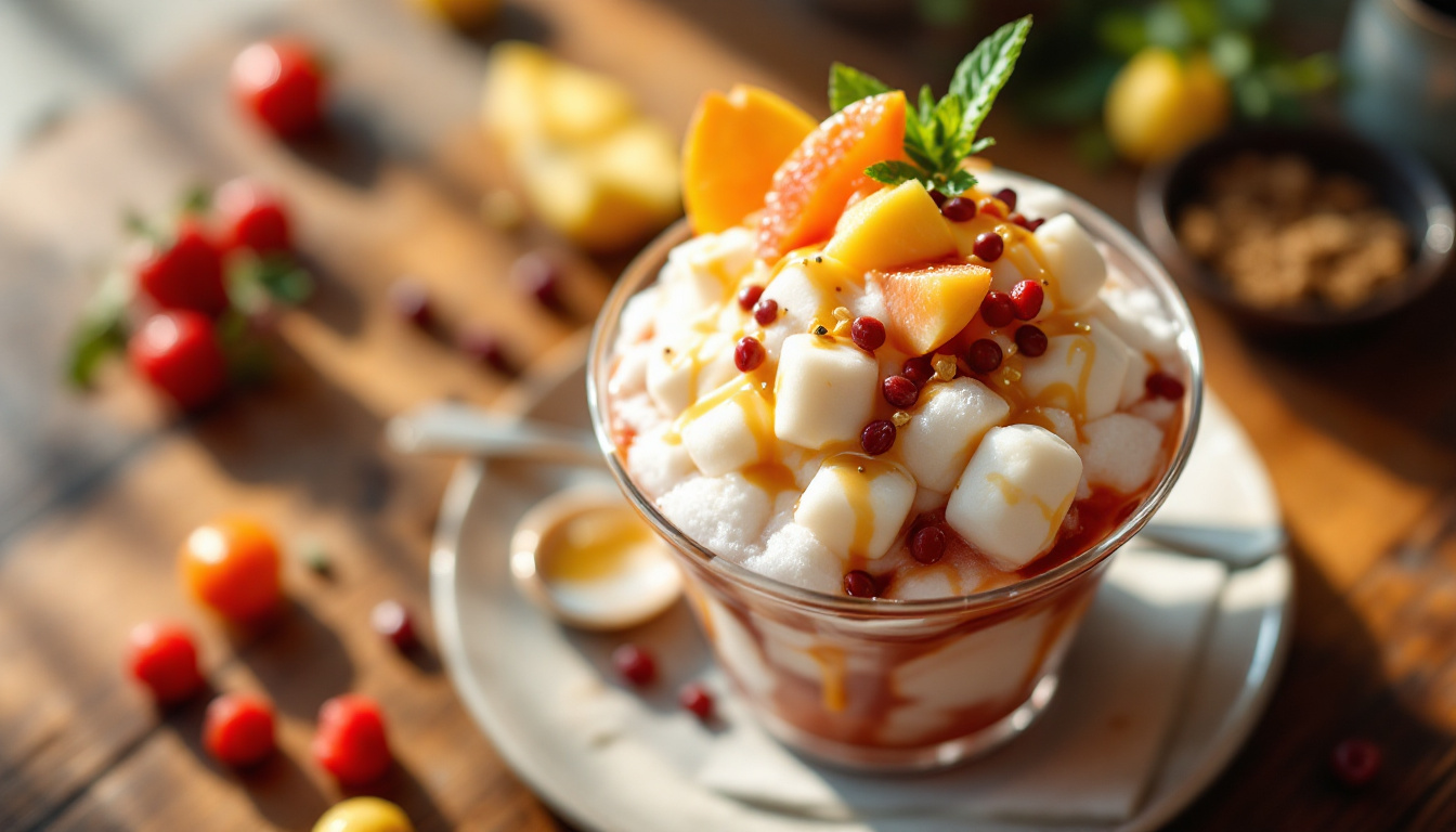 Korean patbingsu shaved ice dessert with red bean, mochi and condensed milk