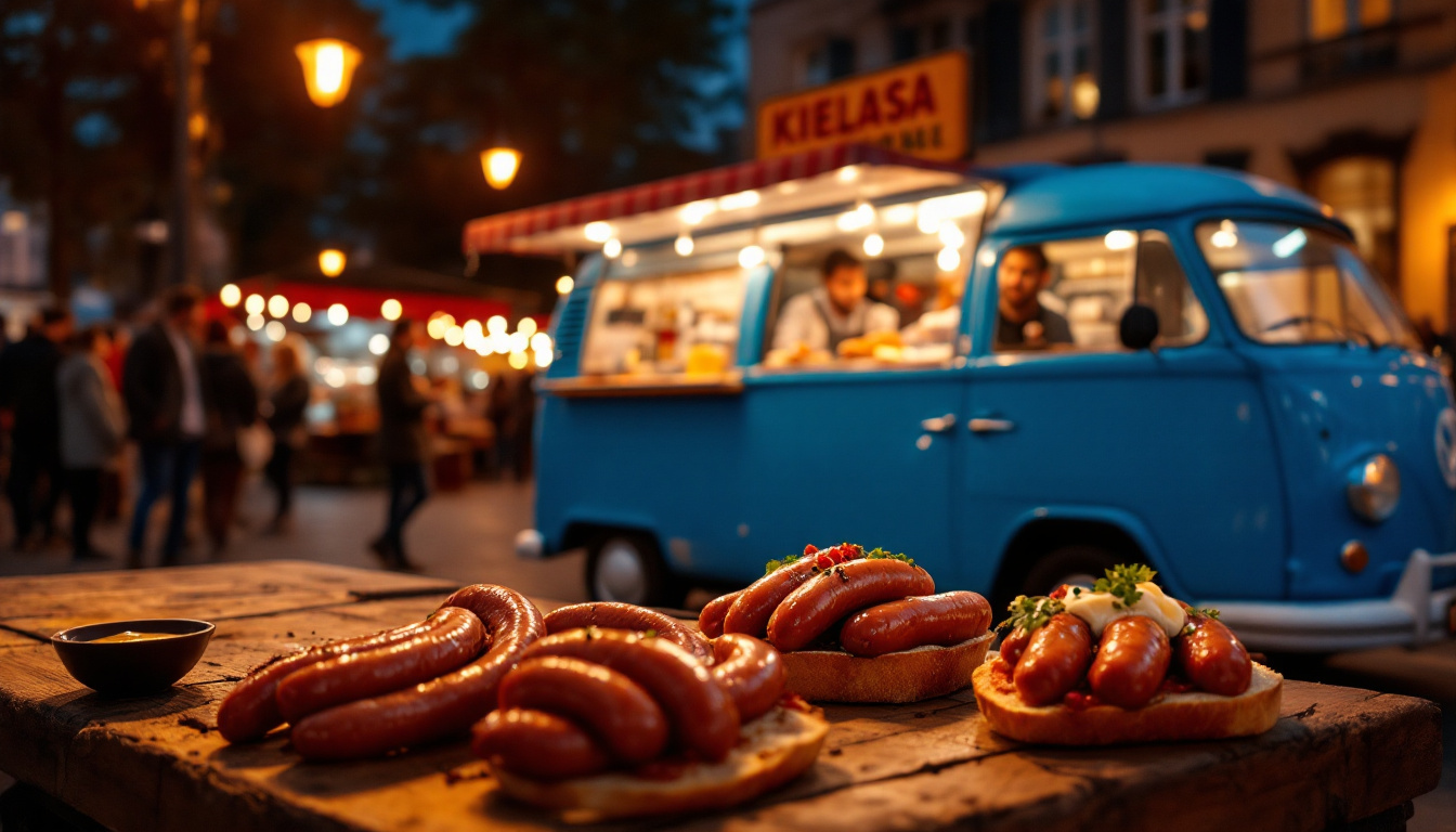 Kielbaski z Niebieskiej Nyski, kielbasa grilled off a vintage blue Nysa van at night by Hala Targowa in Krakow