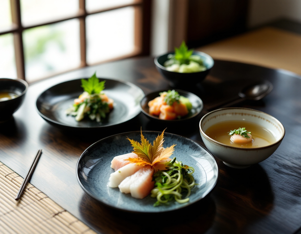 A refined Kyoto kaiseki course of small seasonal dishes on ceramic