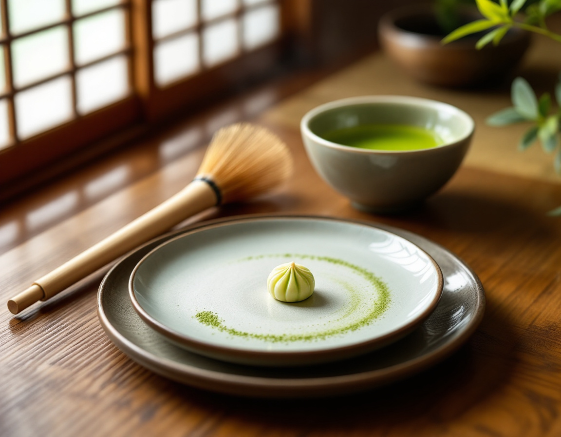 A bowl of whisked Kyoto matcha green tea with a wagashi sweet