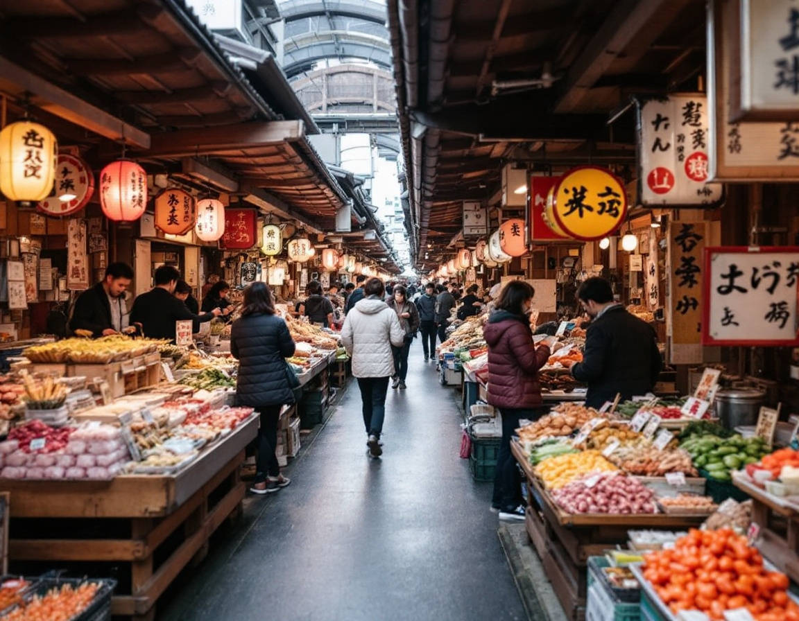 Stalls of pickles, tofu and seasonal foods at Nishiki Market in Kyoto