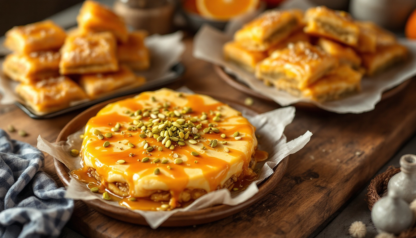 Lebanese knafeh topped with pistachios and orange-blossom syrup, with trays of baklava behind