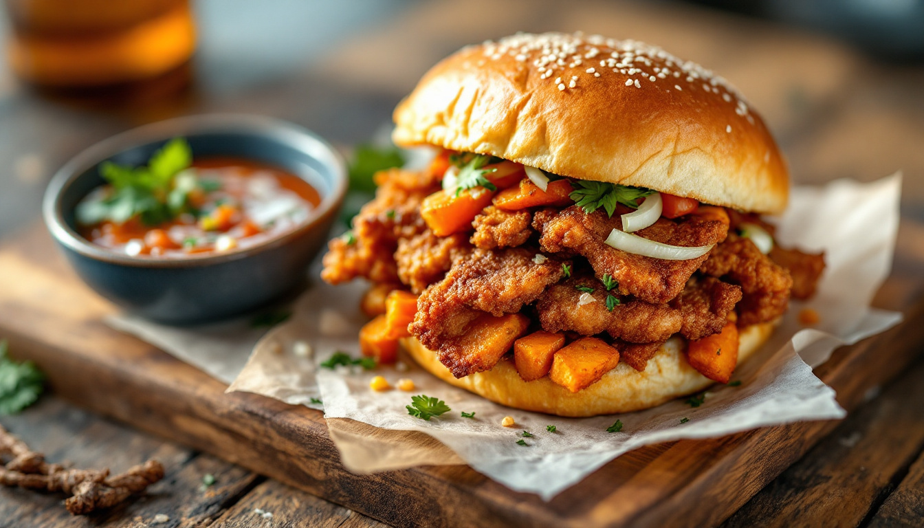 Peruvian chicharron sandwich with fried sweet potato and salsa criolla in a Lima sangucheria
