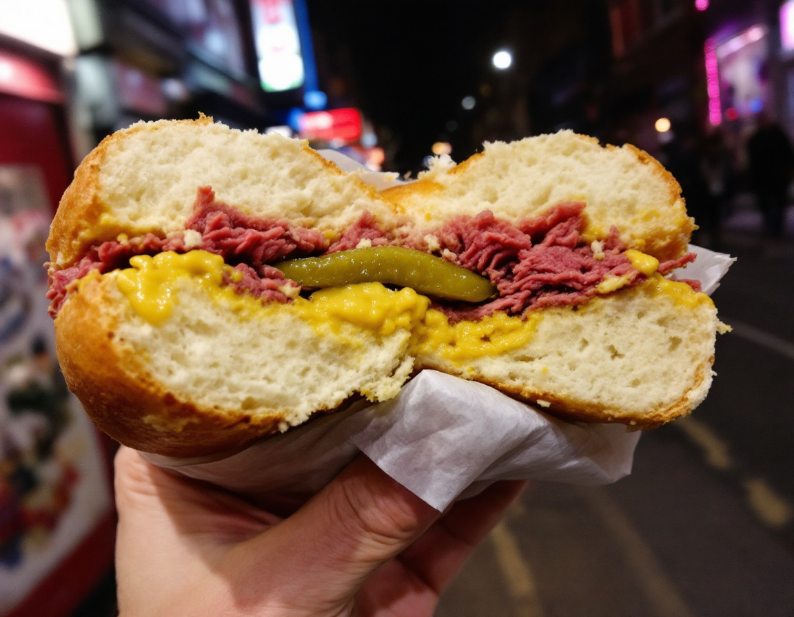 A salt beef beigel stuffed with hot salt beef and mustard from a Brick Lane bakery in London